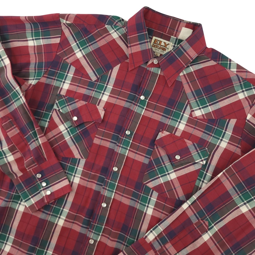 Ely Cattleman Shirt Mens L Red Plaid Long Sleeve Western Snap Cowboy Casual